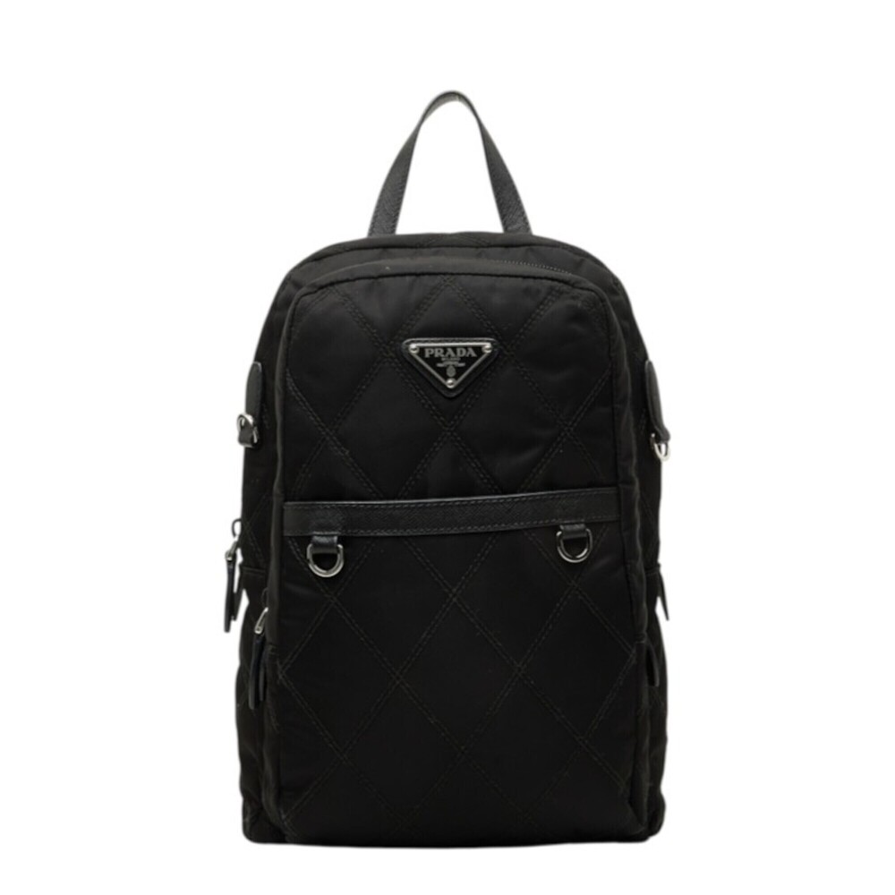 Prada Triangle Logo Plate Quilted Mini Backpack 1BZ017 Black Nylon Leather Wo...